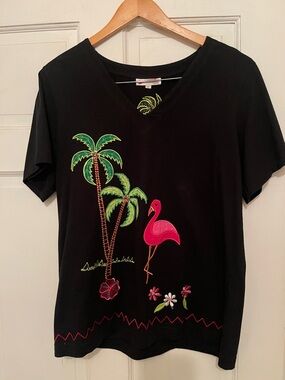 Black Women's V-Neck Top with Pink Flamingo & Palm Embroidery